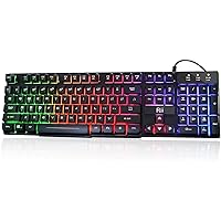 Rii RK100+ Multiple Color Rainbow LED Backlit Large Size USB Wired Mechanical Feeling Multimedia PC Gaming Keyboard,Office Keyboard for Working or Primer Gaming,Office Device