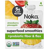 Superfood Smoothie Pouches (Strawberry Pineapple) 4 Pack, with Plant Protein, Prebiotic Fiber & Flax Seed, Organic, Gluten Free, Vegan, Healthy Fruit Squeeze Snack Pack, 4.22oz Ea