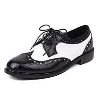 SHEMEE Women's Patent Leather Low Heels Vintage Wingtip Oxfords Pumps Lace Up Pointed Toe Flat Retro Brogues Dress Shoes