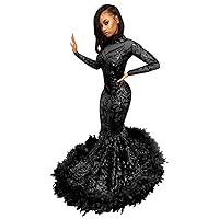 Glittering Sequined High Neck Long Sleeves Feather Mermaid Prom Dress Evening Party Gown