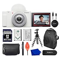 Sony ZV-1F Vlogging Camera (White) Bundle with Extra Battery, Backpack, Flexible Tripod, 64GB SD Card & More