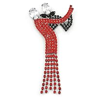 'Dancing Couple' Austrian Crystal Brooch In Gun Metal Finish (Black & Red Colour) - 105mm Length