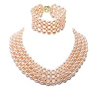 JYX Pearl Triple Strand Neckalce Set AA+ Quality 4.5 X 7mm Oval Freshwater Cultured Pearl Necklace and Bangle Bracelet Set 17