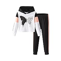 PATPAT Toddler Girls Clothes Butterfly Print Long-sleeve Sweatshirt with Joggers Pants 2-piece Hooded Tracksuit Set