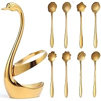 AnSaw Gold Small Swan Base Holder With Rainbow 8Pcs 4.9Inch Coffee Spoon Set
