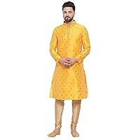 Mens Kurta Set Festive Season Men's Tunic Art Cotton Kurta Pajama Wedding Party Suit Dress Festivals Season Ethnic Party Dress Suit 2-Piece Set By WAKAR MANSURI SHOP (Yellow, M - 36 x 42 Inches)