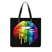 Rainbow Lip Printed Tote Bag for Women Fashion Handbag with Top Handles Shopping Bags for Work Travel