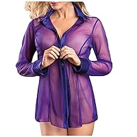 tuduoms Women's Sexy Lingerie Floral Lace Sheer Button Down Shirt See Through Long Sleeve Tops Club Embroidery Mesh Blouses