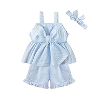 Baby Girl Clothes Toddler Girl Summer Outfit Striped Bowknot Tank Tops + Shorts Pants + Headband 3Pcs Cute Short Set