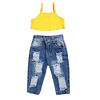 Toddler Baby Girl Ripped Jeans Outfits Halter Sleeveless Crop Top Denim Pants 2Pcs Fall Clothes Sets