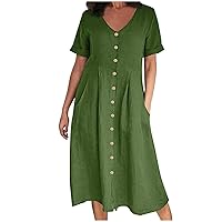 Women Button Down Cotton Linen Dressy Shirt Dress with Pockets Summer Cuffed Short Sleeve Waist-Defined A-Line Dress