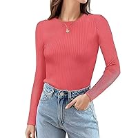 Fall Basics for Women Long Sleeve Crewneck Shirts 2023 Fall Clothes Ribbed Knit Sweater Slim Fit Casual Basic Tee Top