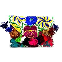 Multicolored Floral Embroidered Pom Fringe Slim Envelope Clutch Purse Crossbody Bag - Women Fashion Handmade Boho Accessories