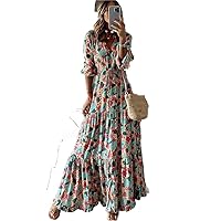Spring Autumn Flower Long Dresses for Women Casual Holiday A-line Dress Elegant Bohemian Style