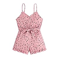 SOLY HUX Girl's Floral Print V Neck Belted Cami Romper Ruffle Trim Wide Leg Shorts Jumpsuit