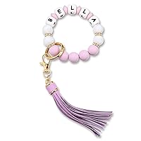 Personalized Silicone Initials Bead Bracelet Keychain with Leather Tassel Key Accessory Gift for Women