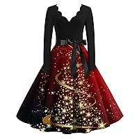 Christmas Dress for Women 1950S Vintage Snowflake Printed Long Sleeve V Neck Xmas Evening Prom Dresses with Belt