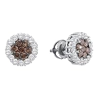 The Diamond Deal 14kt White Gold Womens Round Color Enhanced Brown Diamond Flower Cluster Earrings 1-1/2 Cttw