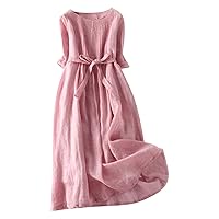 Vintage Sundress for Women Casual Cotton Linen Summer Dresses 3/4 Sleeve Crewneck Pleated Front Belted Flowy Midi Dress