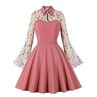 Women Keyhole Flower Embroidery Mesh Gothic Dress Vintage Bell Long Sleeves 50s 60s Cocktail Party Dress