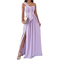 Women Sexy One Shoulder Sleeveless Dress Solid Color High Split Slim Ruched Cutout Evening Cocktail Long Formal Dress