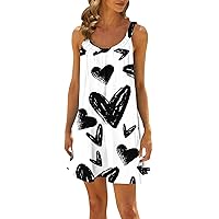 Women's Red Valentines Dress Casual Summer Loose Fitting Sleeveless Skirt Print Sexy Off Shoulder Slip Dress, S-3XL