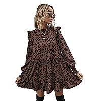 Fall Dresses for Women 2022 Allover Print Frill Mock Neck Babydoll Dress (Color : Coffee Brown, Size : X-Small)