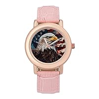 Bald Ea-gle USA Flag Women's Watches Classic Quartz Watch with Leather Strap Easy to Read Wrist Watch