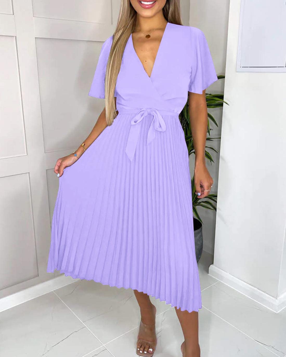 BTFBM Women Wrap V Neck Casual Summer Dresses 2023 Short Sleeve Satin Tie Waist Pleated Flowy Wedding Guest Midi Dress