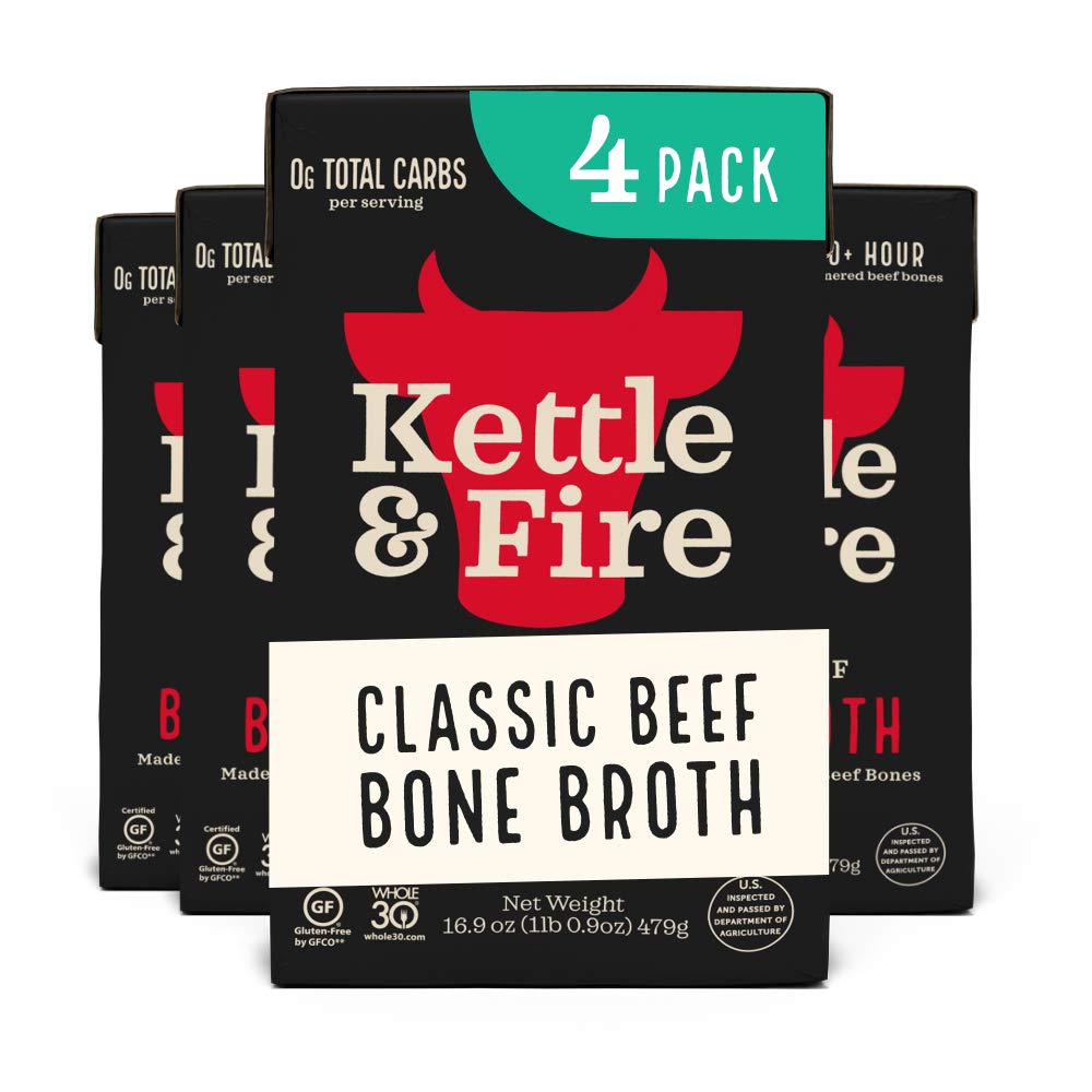 Beef Bone Broth Soup by Kettle and Fire, Pack of 4, Keto Diet, Paleo Friendly, Whole 30 Approved, Gluten Free, with Collagen, 10g of protein, 16.9 ...