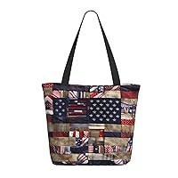 American Flag Patchwork Tote Bag with Zipper for Women Inside Mesh Pocket Heavy Duty Casual Anti-water Cloth Shoulder Handbag Outdoors
