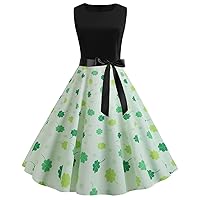 Dresses for Women St. Patrick's Day Sleeveless V-Neck Retro Swing Halter Dress Shamrock Printing Vintage Gown Party