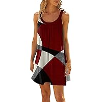 Sun Dress Women Beach Dress for Women 2024 Summer Print Fashion Sparkly Loose Fit with Sleeveless Round Neck Ruched Dresses Wine XX-Large