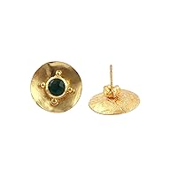 Round Shape Green Onyx Stud Earring Gemstone Brass Half Bezel Setting Natural Genuine Gold Plated Stud Earrings Jewelry By EL JOYERO.