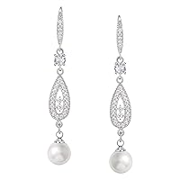 SWEETV Cubic Zirconia Pearl Drop Wedding Earrings for Brides, Ivory Bridal Pearl Earrings for Bridesmaid Jewelry Gift