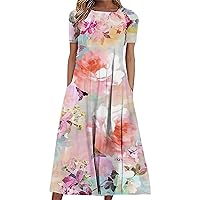 Women's Fashion Short Sleeve Maxi Dress Plus Size Floral Printed Boat Neck A-Line Swing T-Shirt Dresses with Pockets