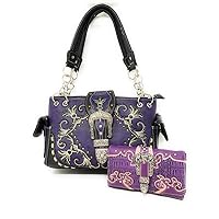 Western Premium Suede Leather Cross Buckle Floral Women's shoulder handbag Wallet Set