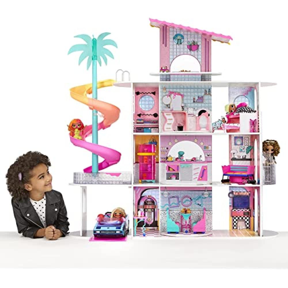 L.O.L. Surprise! OMG House of Surprises – Real Wood Dollhouse with 85+ Surprises, 4 Floors, 10 Rooms, Elevator, Spiral Slide, Pool, Movie Theater Drive Thru, Rooftop- Toy Gift for Girls Ages 4 5 6 7+