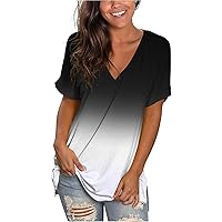 Women's V Neck T Shirts 2024 Fashion Gradient Summer Tops Short Sleeve Dressy Casual Blouses Loose Fit Comfy Tunic Tees