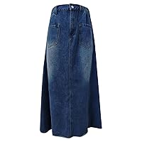 Women's Retro Button-Fly A-Line Maxi Long Denim Skirt Casual Stretch Elastic Waist Washed Jean Maxi Skirts Pockets
