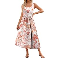 Casual Dresses for Women, Square Neck Ruffle Sleeveless Floral Print Maxi Dress Elegant Tank with Pockets Sun Dresses Women Casual Plus Summer Dress Sleeves Short Dress Casual (L, Pink)