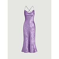 Dresses for Women Women's Dress Jacquard Satin Cami Dress Dresses (Color : Lilac Purple, Size : Large)