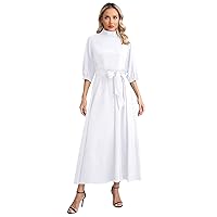 FEESHOW Women Church Dresses Mock Neck Clergy Gown Maxi Long Dress Work Wear Business Dress with Belt