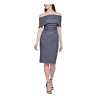 Vince Camuto Womens Gray Pleated Zippered Fold-Over Front Back Slit Sleeveless Off Shoulder Knee Length Cocktail Sheath Dress 6