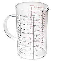 77L Glass Measuring Cup with Handle, [Double-Sided Measuring Scale, V-Shaped Spout, Insulated handle], High Borosilicate Glass Measuring Cup with Three Scales (OZ, Cup, ML) for Liquid (4 Cup)