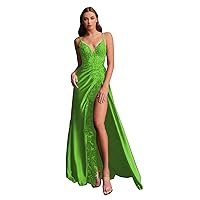 Women's Satin Appliques Prom Dresses with High Slit V Neck Mermaid Evening Gown Formal Party Dress