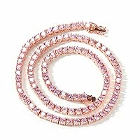 Gemstone Jewellery 12Ct Round Cut Pink Diamond Tennis Necklace Chain 14K Rose Gold Finish 18'' 3mm, (GEN_0002_PS)
