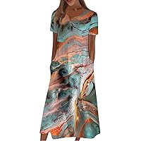 Dresses for Women Summer Casual Short Sleeves Sundresses Loose Floral Print Maxi Dress Round Neck Beach Dress with