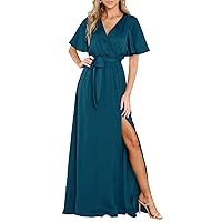 MITILLY Women's Summer Satin Wrap V Neck Ruffle Short Sleeve Slit Flowy Beach Party Cocktail Maxi Dresses with Belt New