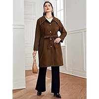 OVEXA Women's Large Size Fashion Casual Winte Plus Solid Belted Button Front Overcoat Leisure Comfortable Fashion Special Novelty (Color : Coffee Brown, Size : X-Large)